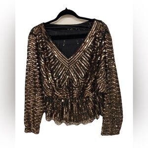 ENDLESS ROSE Long Sleeve V-Neck Gold Black Ruffled Hem Sequins Top Size M